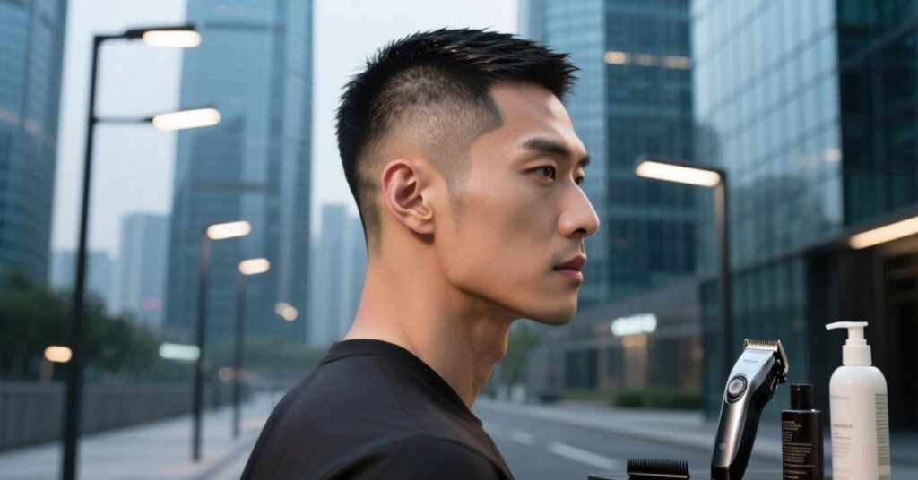 Buzz cut Asian men