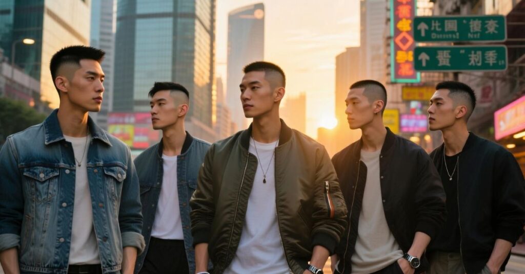 Buzz cut Asian men