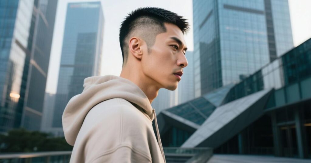 Buzz cut Asian men